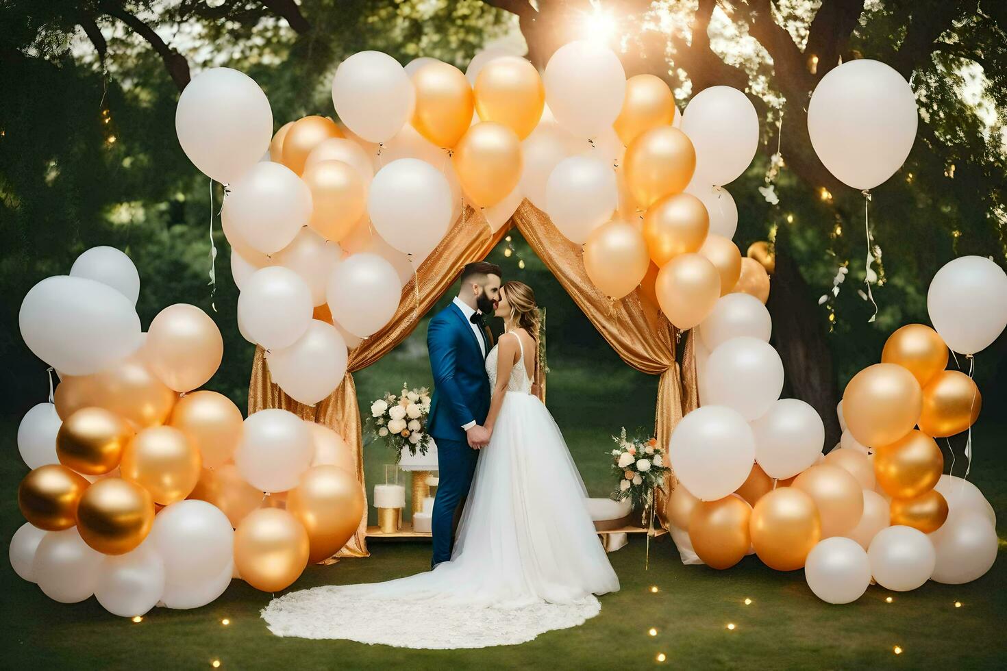 Hochzeit Paar im Vorderseite von Gold und Weiß Luftballons. KI-generiert foto