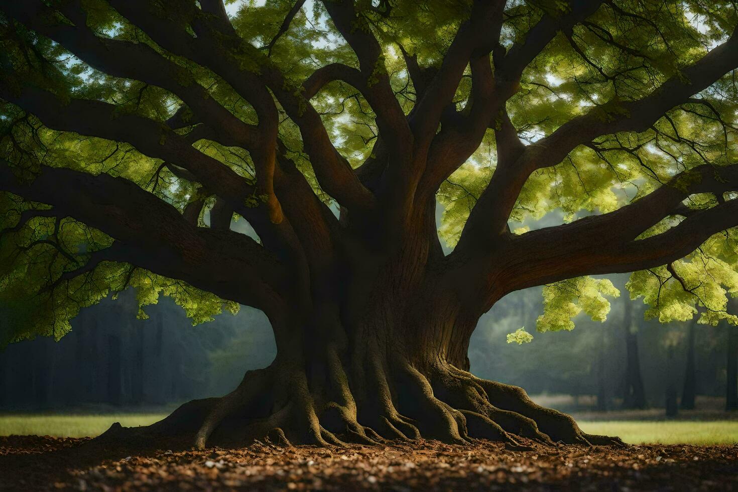 ein groß Baum mit Wurzeln im das Boden. KI-generiert foto