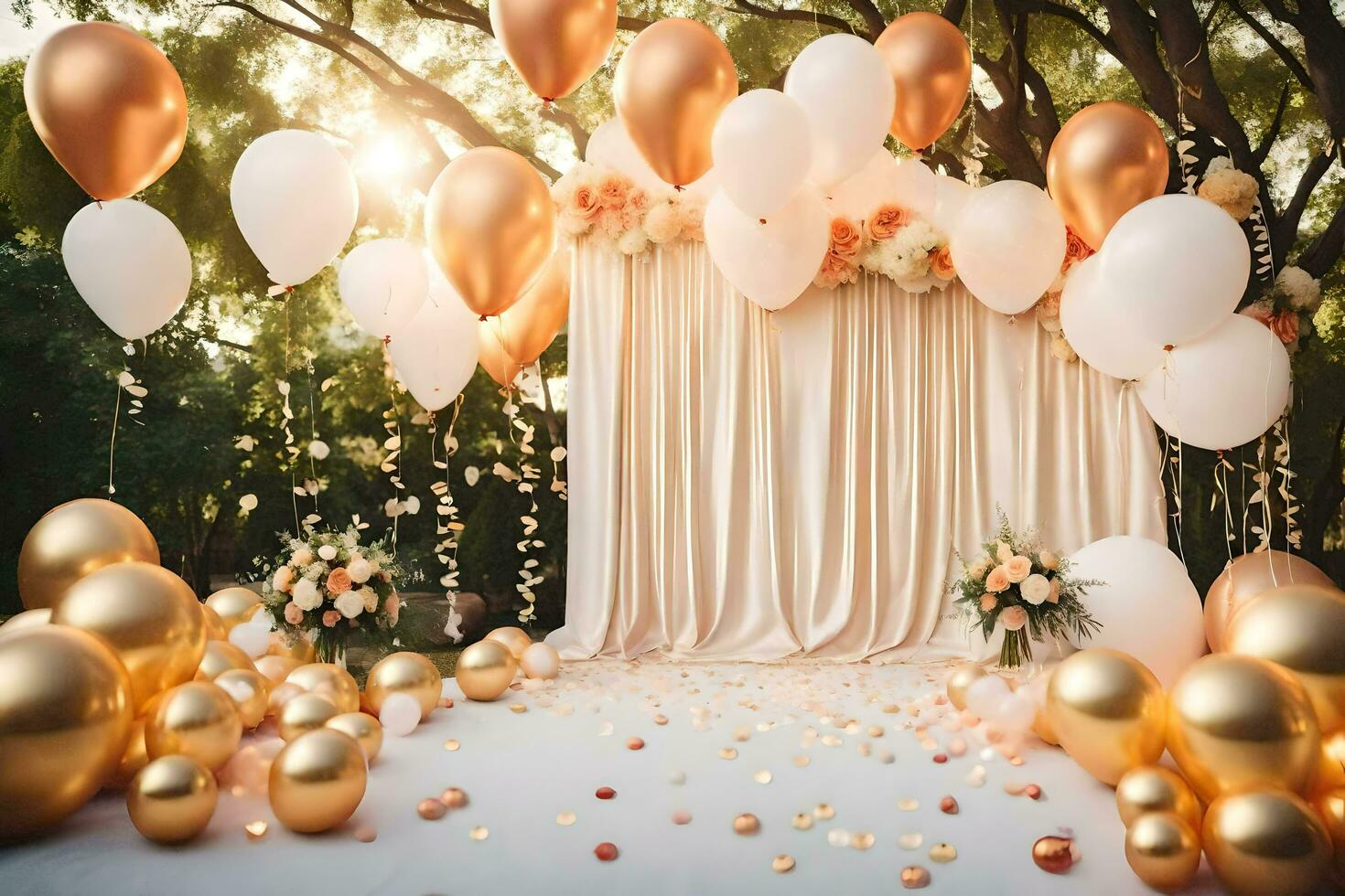 ein Hochzeit Hintergrund mit Gold Luftballons und Blumen. KI-generiert foto