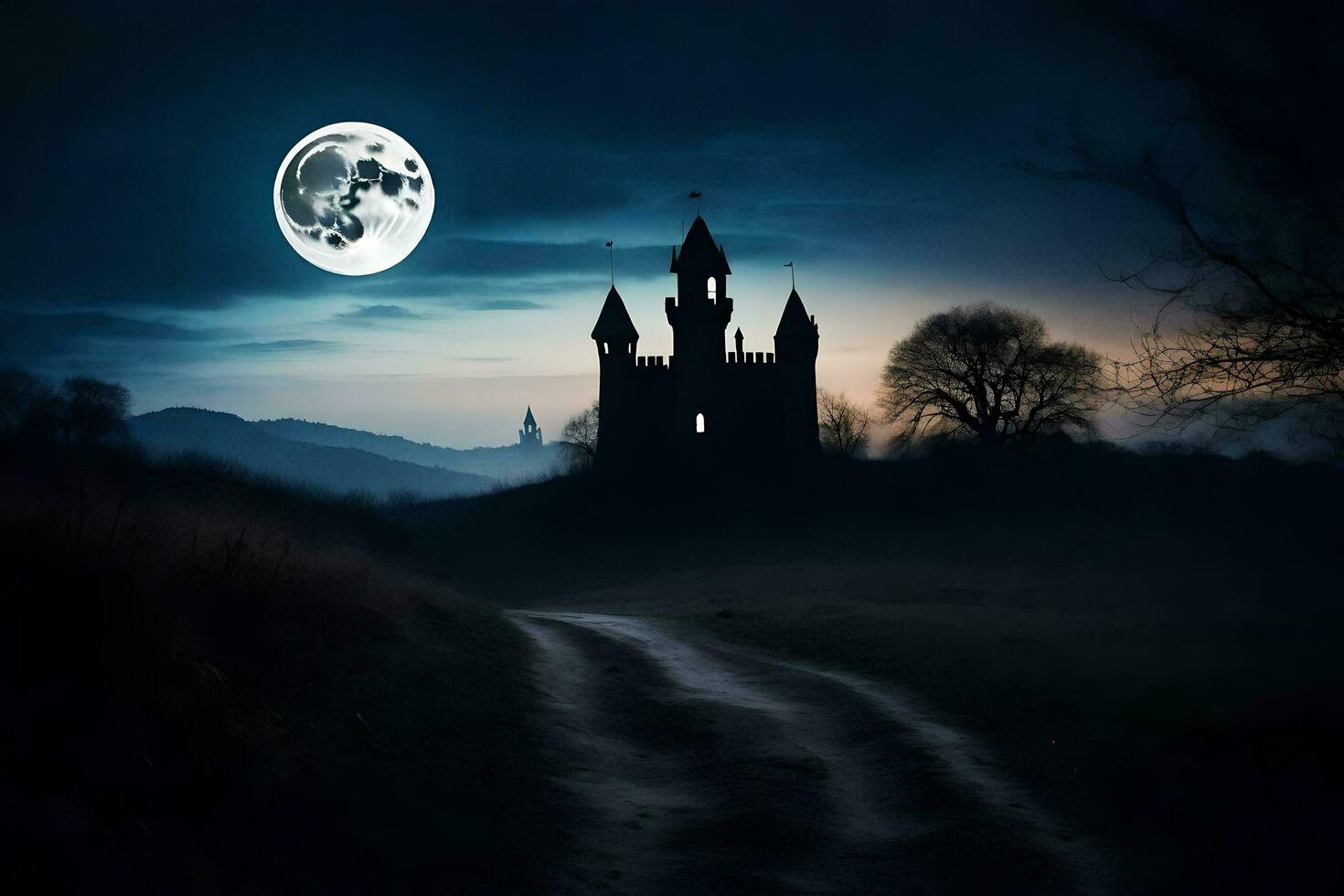 ein Pfad führt zu ein Schloss im das dunkel mit ein voll Mond. KI-generiert foto