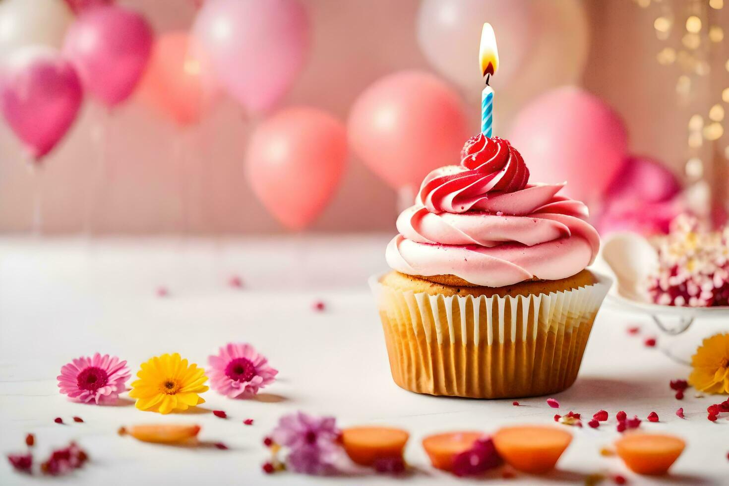 ein Cupcake mit ein Rosa Kerze auf oben und Rosa Luftballons. KI-generiert foto