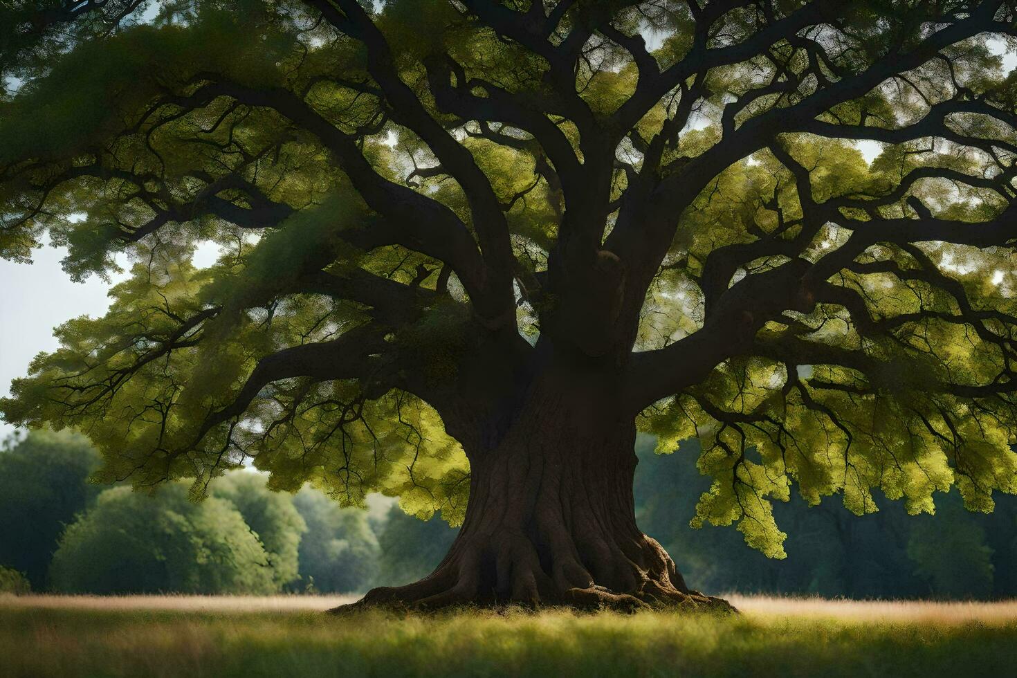 ein Bild von ein groß Baum im ein Feld. KI-generiert foto