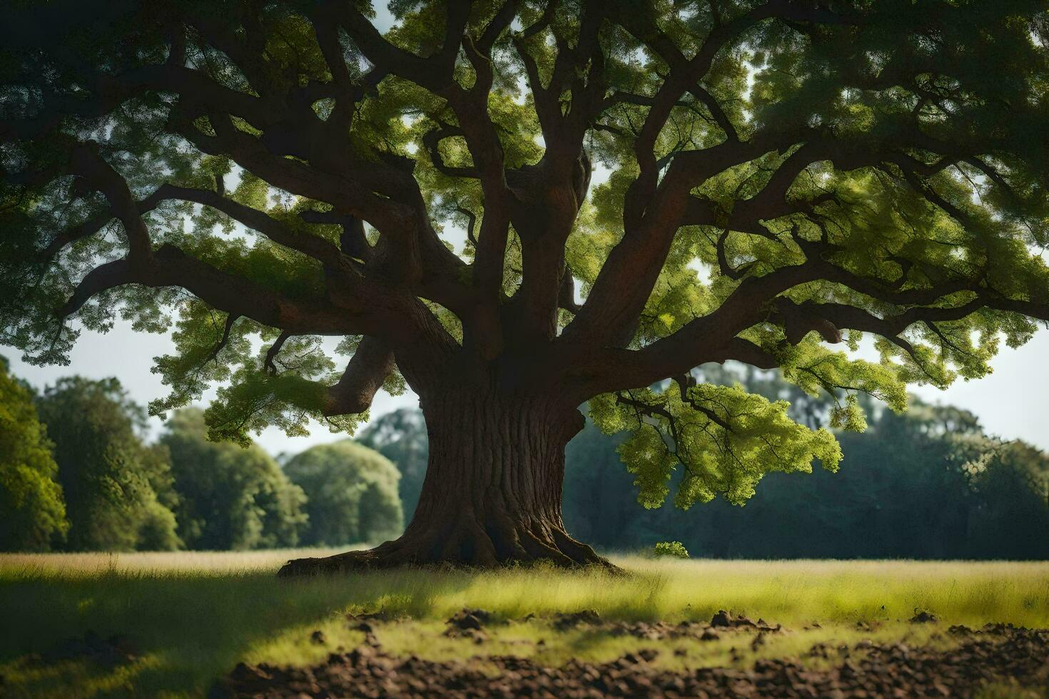 ein alt Eiche Baum im ein Feld. KI-generiert foto