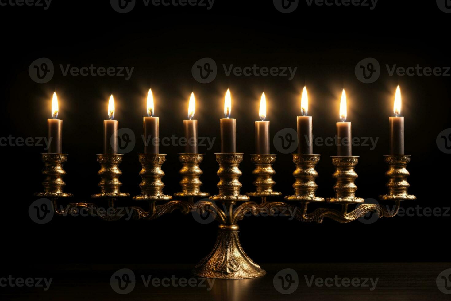 Verbrennung Kerzen im ein golden Kandelaber auf ein schwarz Hintergrund. KI-generiert foto