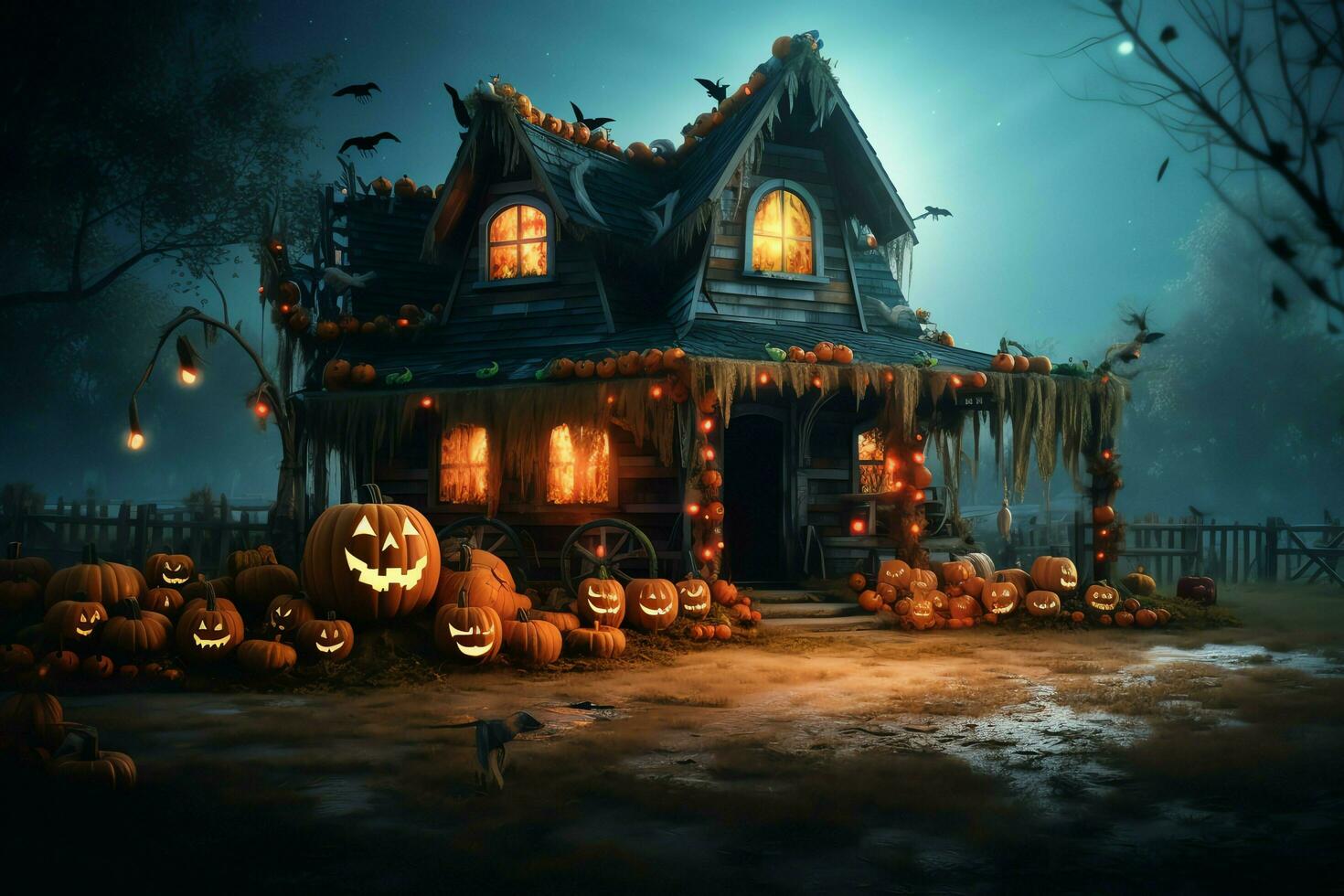 verfolgt Haus auf Halloween Feier Konzept. gespenstisch Haus Halloween Hintergrund mit verlassen Gebäude und Kürbis. unheimlich Haus mit gruselig Gebäude beim Nacht durch ai generiert foto