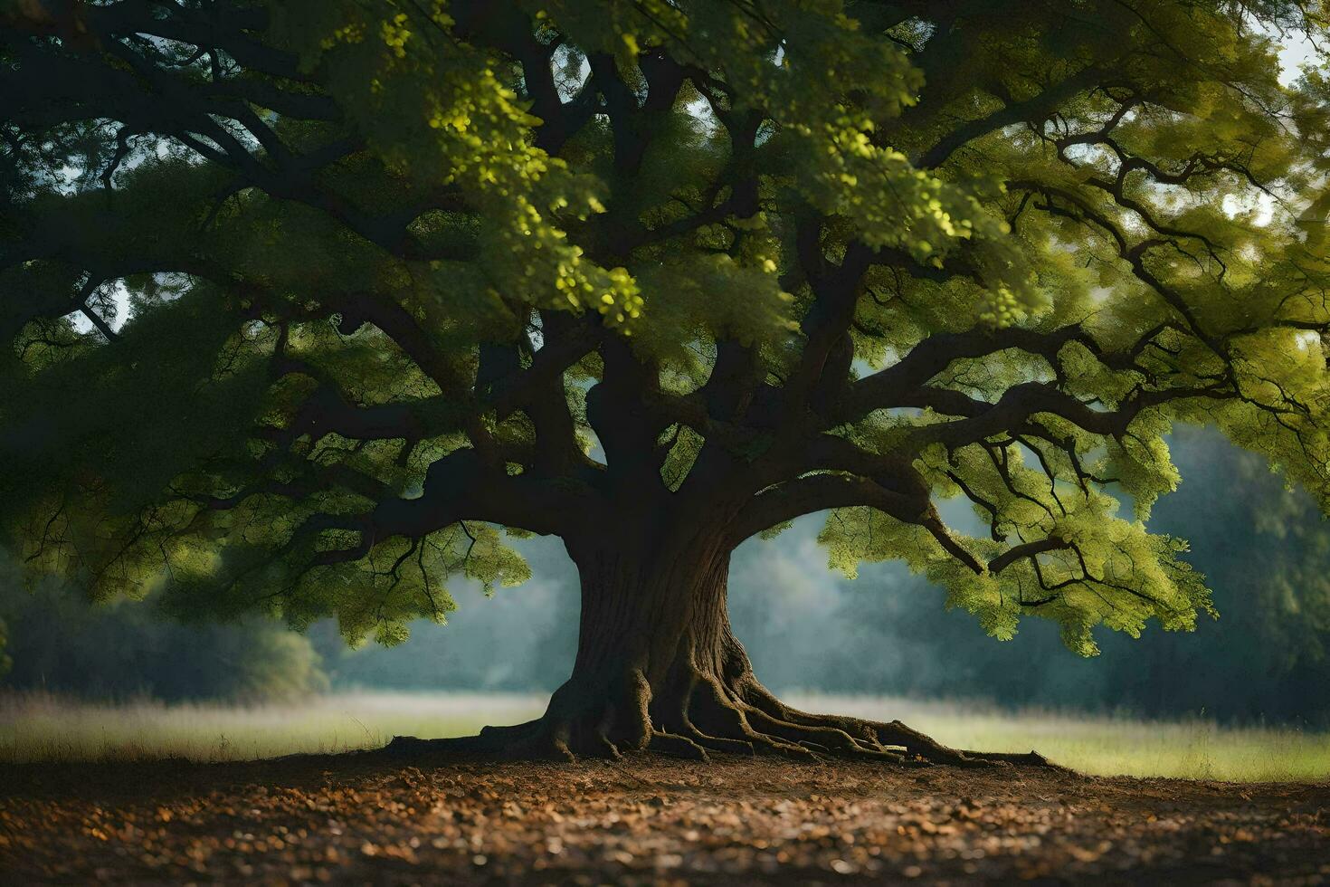 ein Eiche Baum im das Mitte von ein Feld. KI-generiert foto