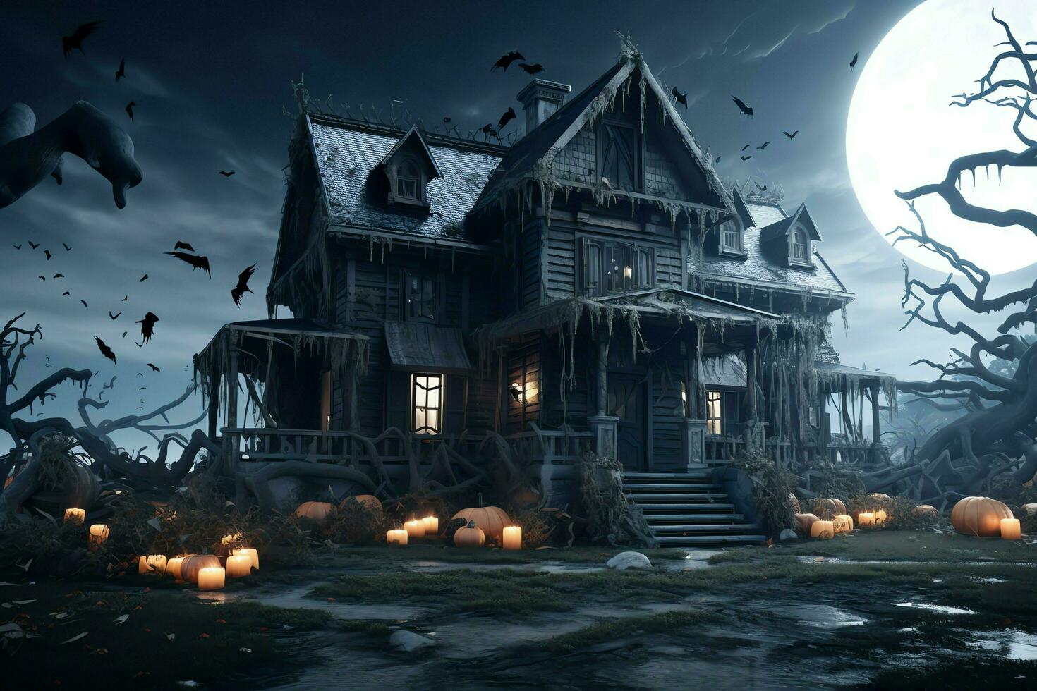 verfolgt Haus auf Halloween Feier Konzept. gespenstisch Haus Halloween Hintergrund mit verlassen Gebäude und Kürbis. unheimlich Haus mit gruselig Gebäude beim Nacht durch ai generiert foto