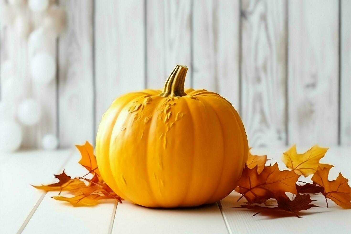 dekorativ Kürbis Hintergrund und trocken Herbst Blätter auf hölzern Anordnung drinnen. Halloween Konzept durch ai generiert foto