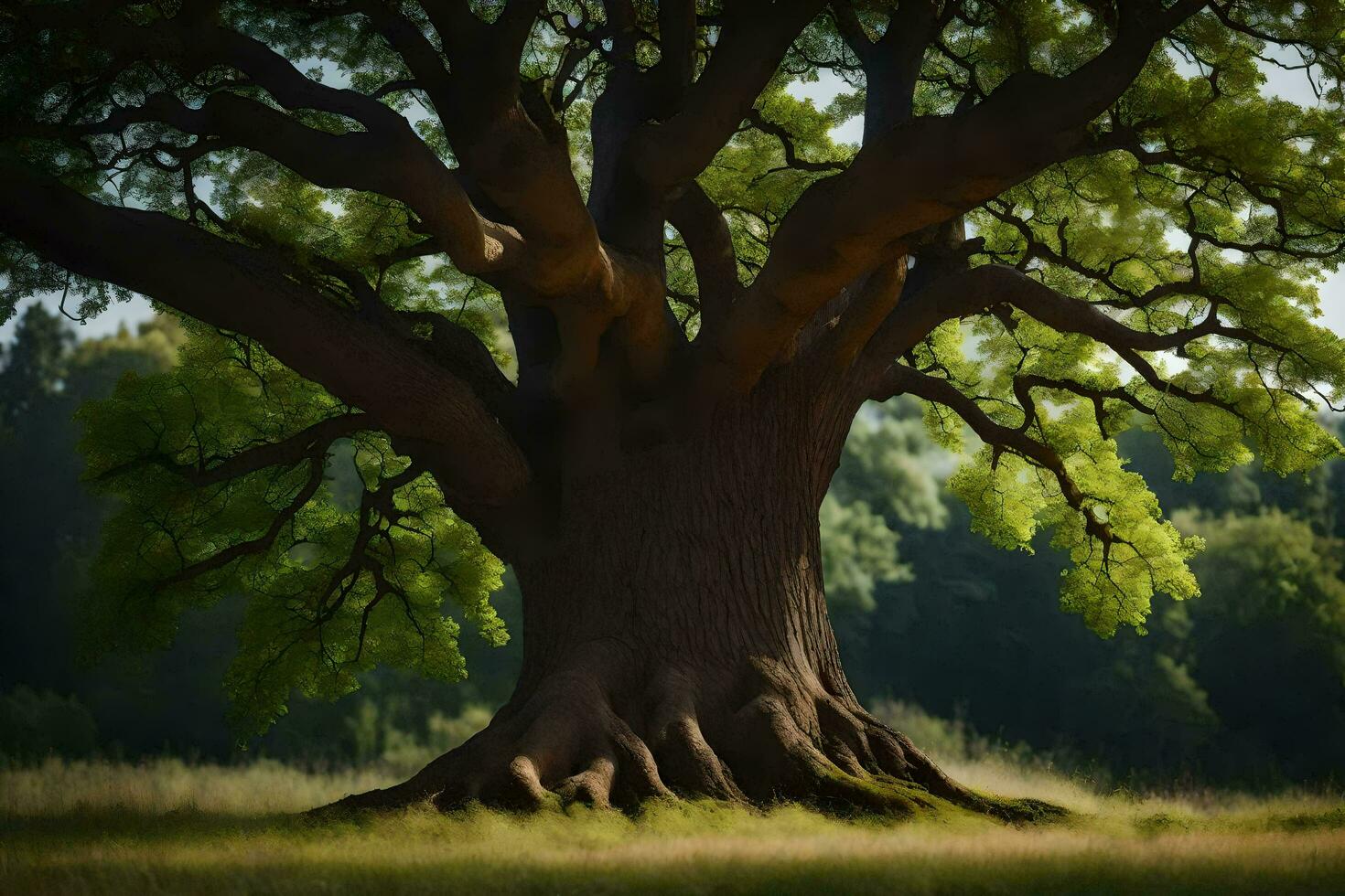 ein Eiche Baum ist gezeigt im das Mitte von ein Feld. KI-generiert foto