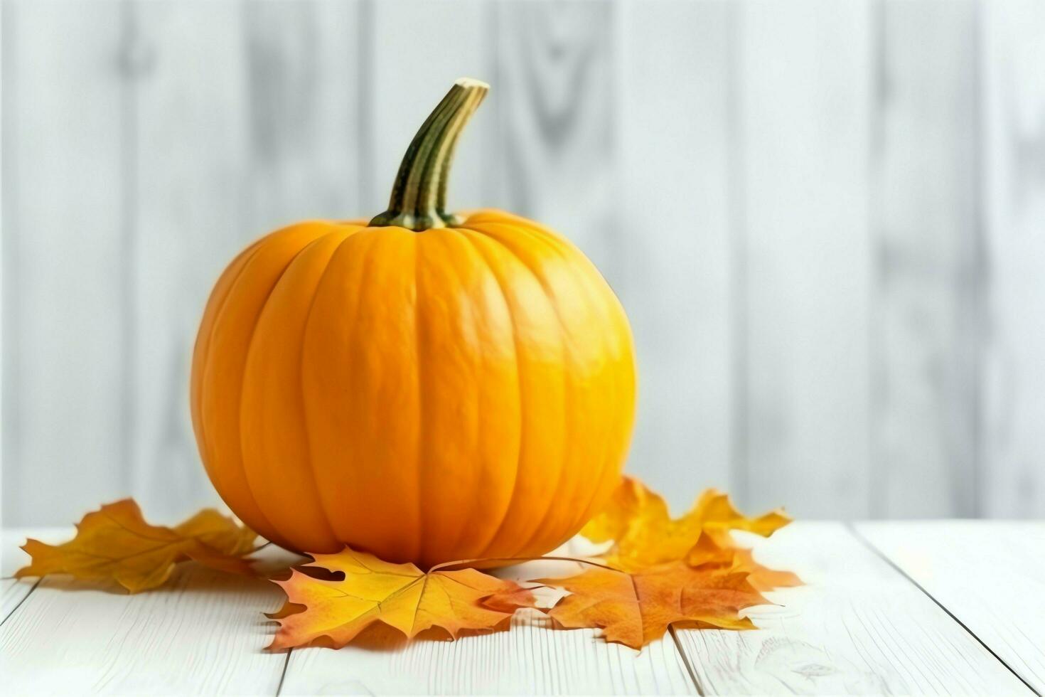 dekorativ Kürbis Hintergrund und trocken Herbst Blätter auf hölzern Anordnung drinnen. Halloween Konzept durch ai generiert foto