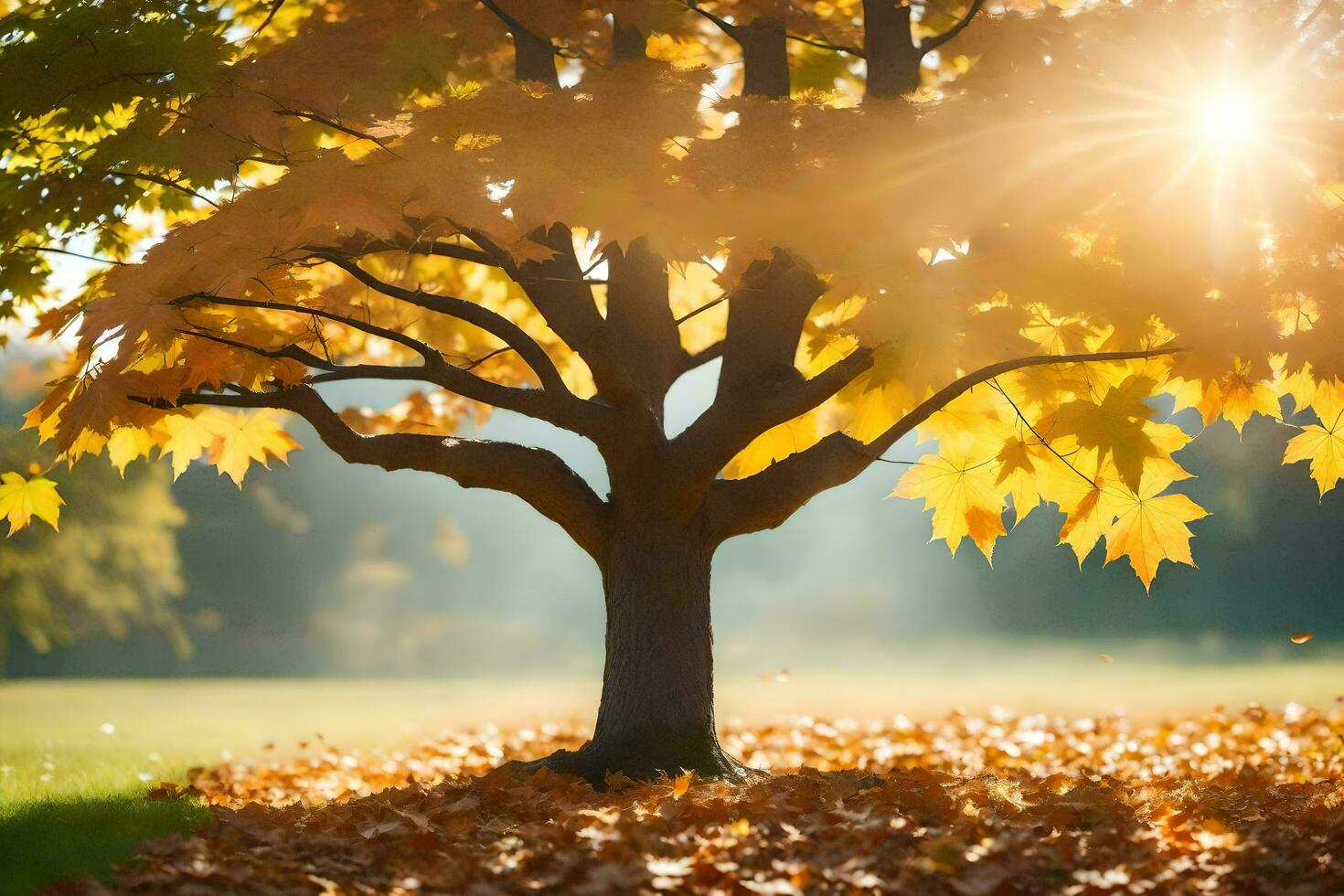 Herbst Baum mit Blätter auf das Boden. KI-generiert foto