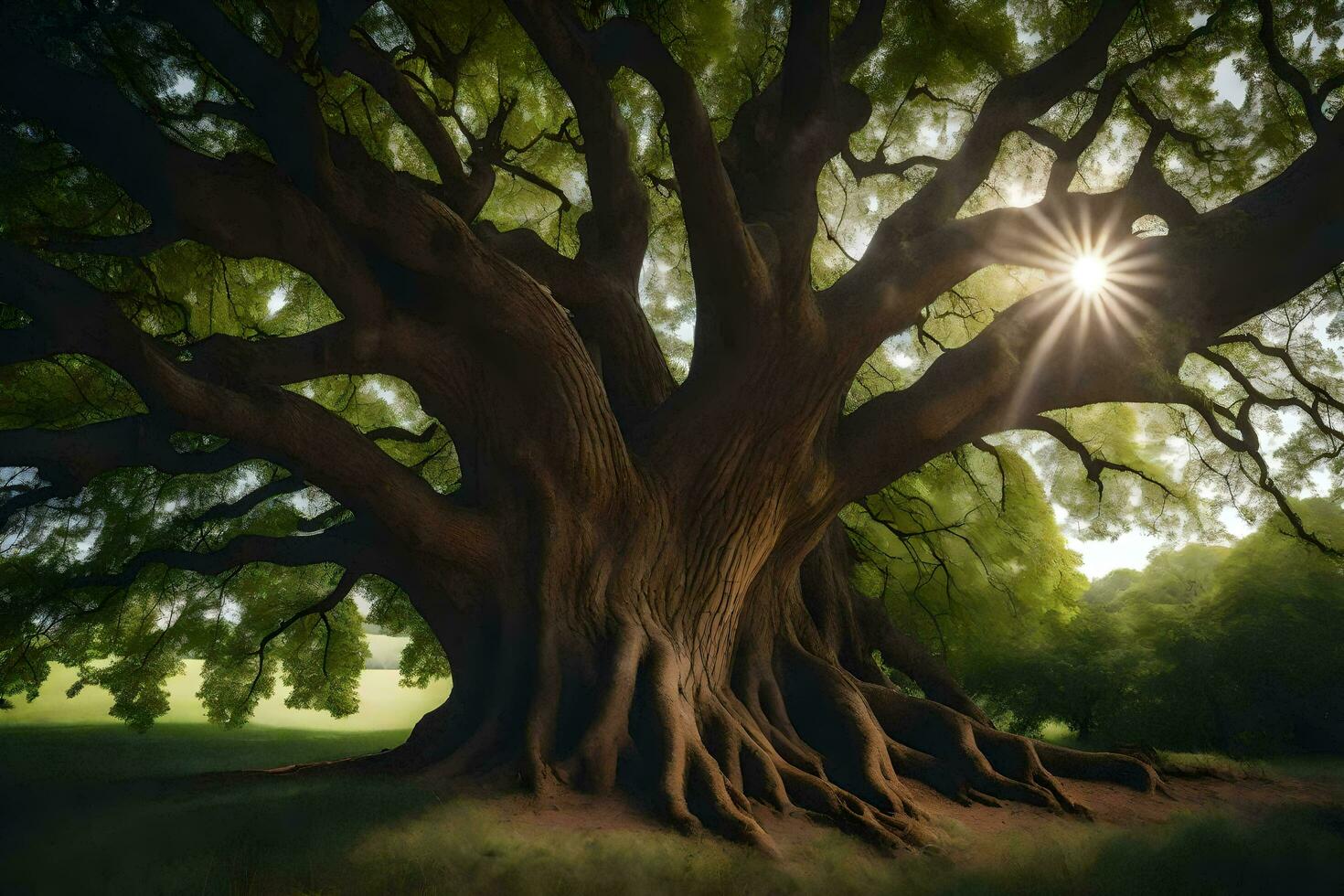 das Sonne scheint durch das Geäst von ein groß Baum. KI-generiert foto