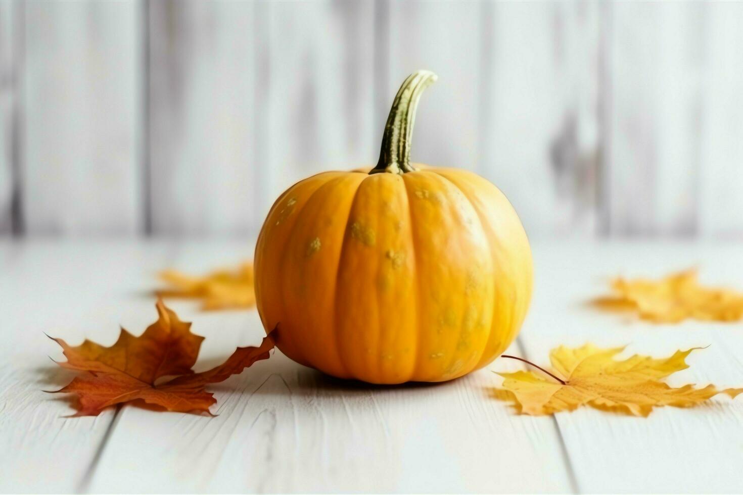 dekorativ Kürbis Hintergrund und trocken Herbst Blätter auf hölzern Anordnung drinnen. Halloween Konzept durch ai generiert foto