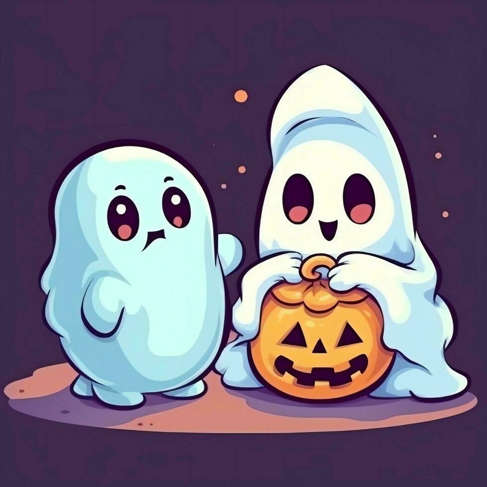 ein komisch Geister auf Halloween Feier im ein Friedhof beim Nacht im süß Karikatur Stil. Halloween durch ai generiert foto