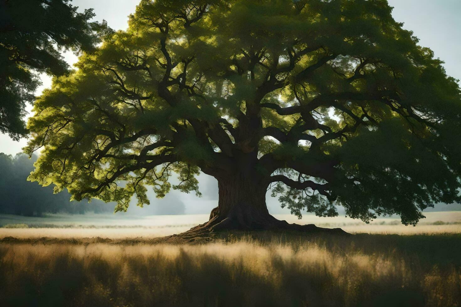 ein Eiche Baum im ein Feld mit Gras und Bäume. KI-generiert foto