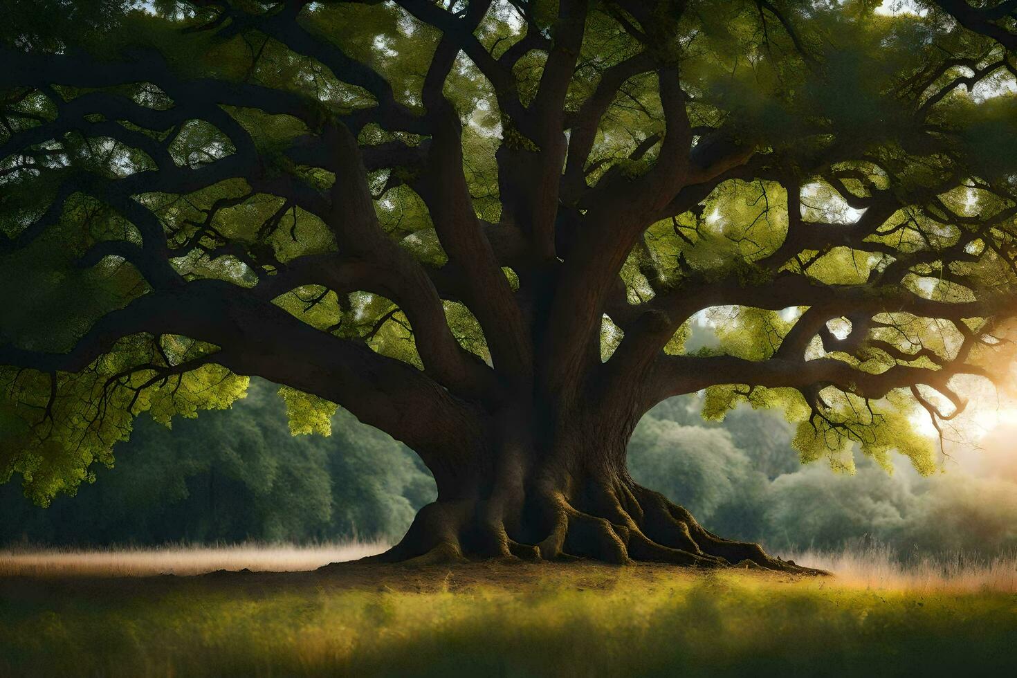 das Sonne scheint durch das Baum im das Mitte von ein Feld. KI-generiert foto