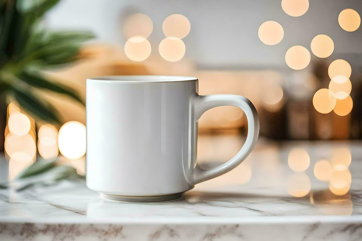 ein Weiß Becher auf ein Marmor Zähler mit Beleuchtung im das Hintergrund. KI-generiert foto