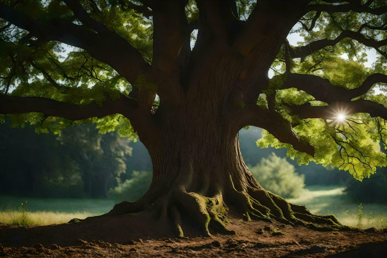 das Sonne scheint durch das Kofferraum von ein alt Eiche Baum. KI-generiert foto