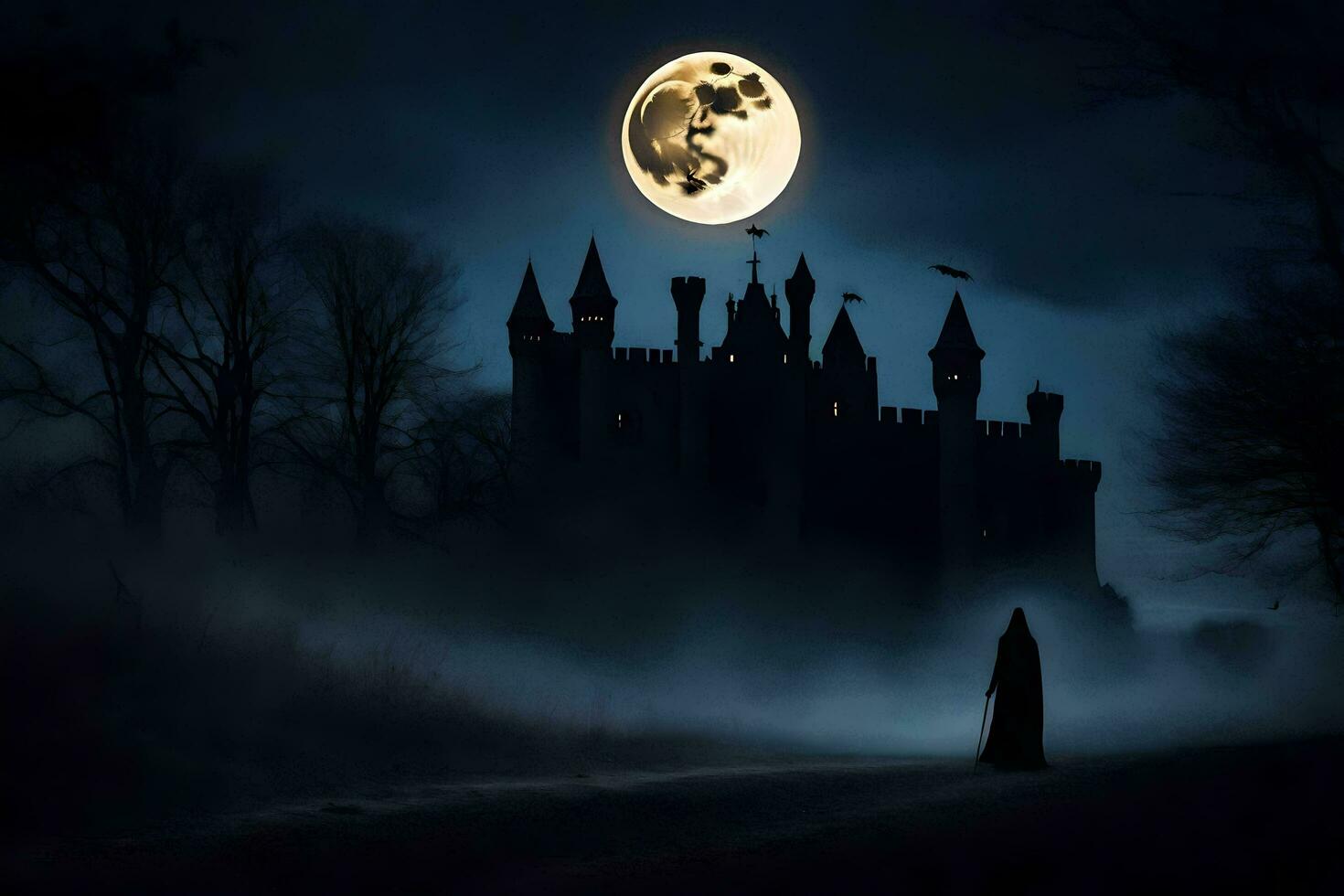 ein Mann im ein Mantel Spaziergänge im Vorderseite von ein Schloss beim Nacht. KI-generiert foto
