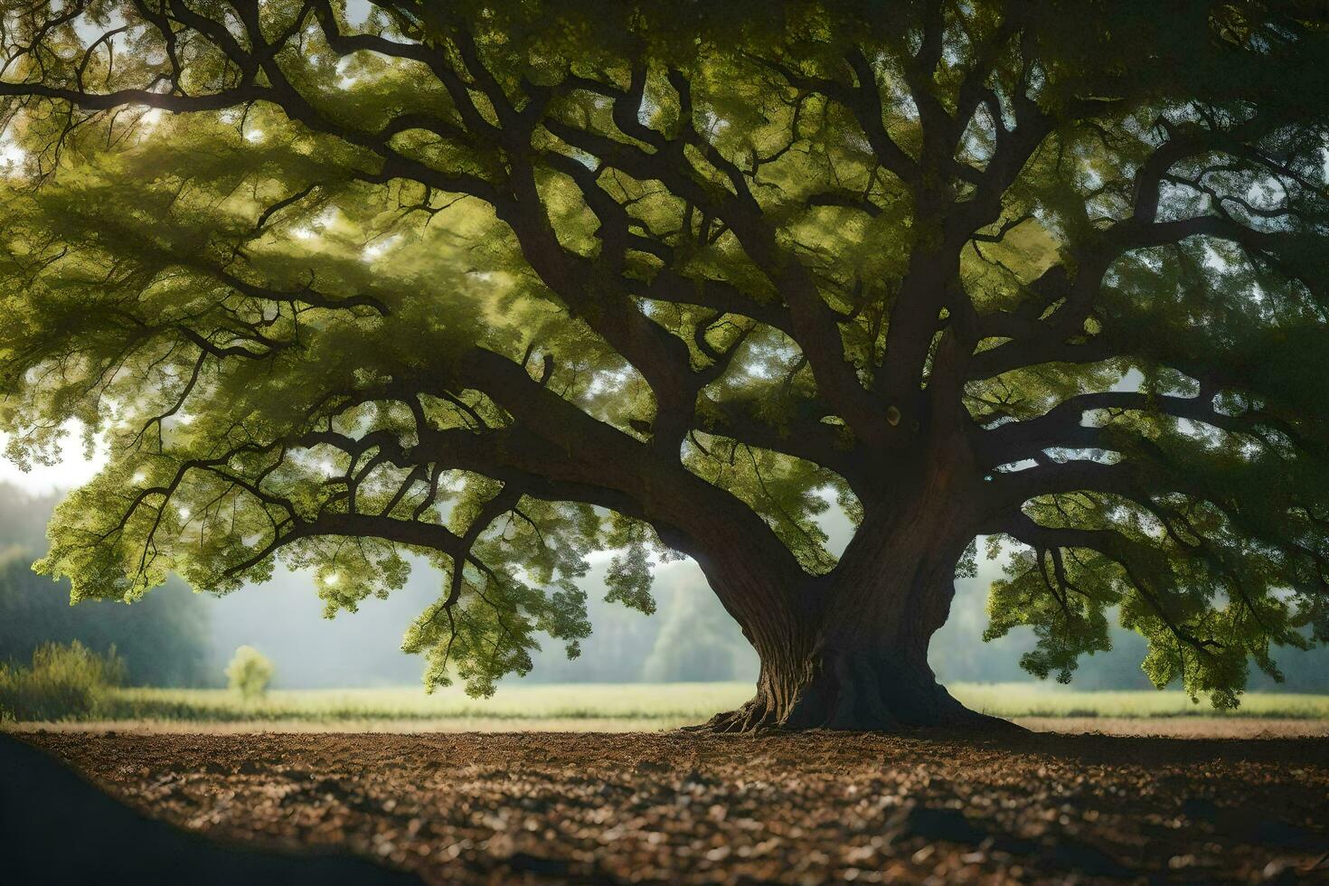 ein groß Baum im das Mitte von ein Feld. KI-generiert foto