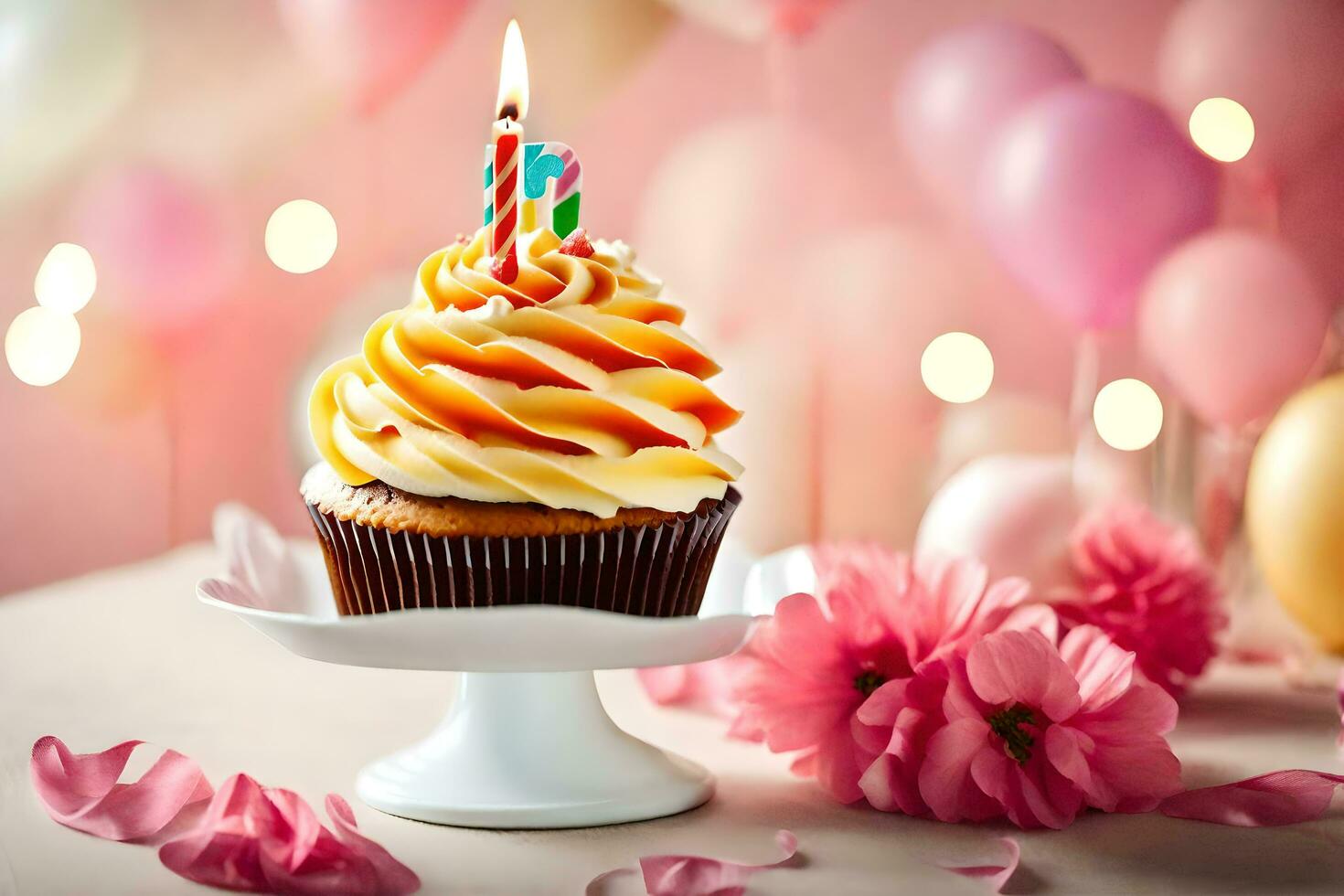 ein Cupcake mit ein Geburtstag Kerze auf oben. KI-generiert foto