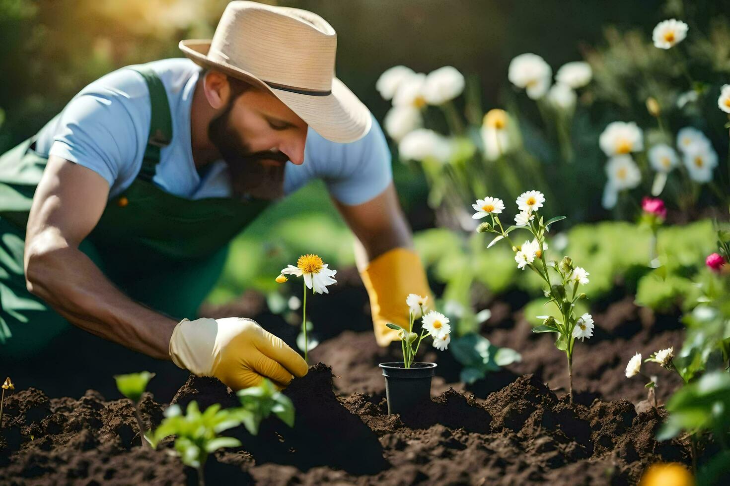 ein Mann im ein Schürze ist Pflanzen Blumen im das Garten. KI-generiert foto