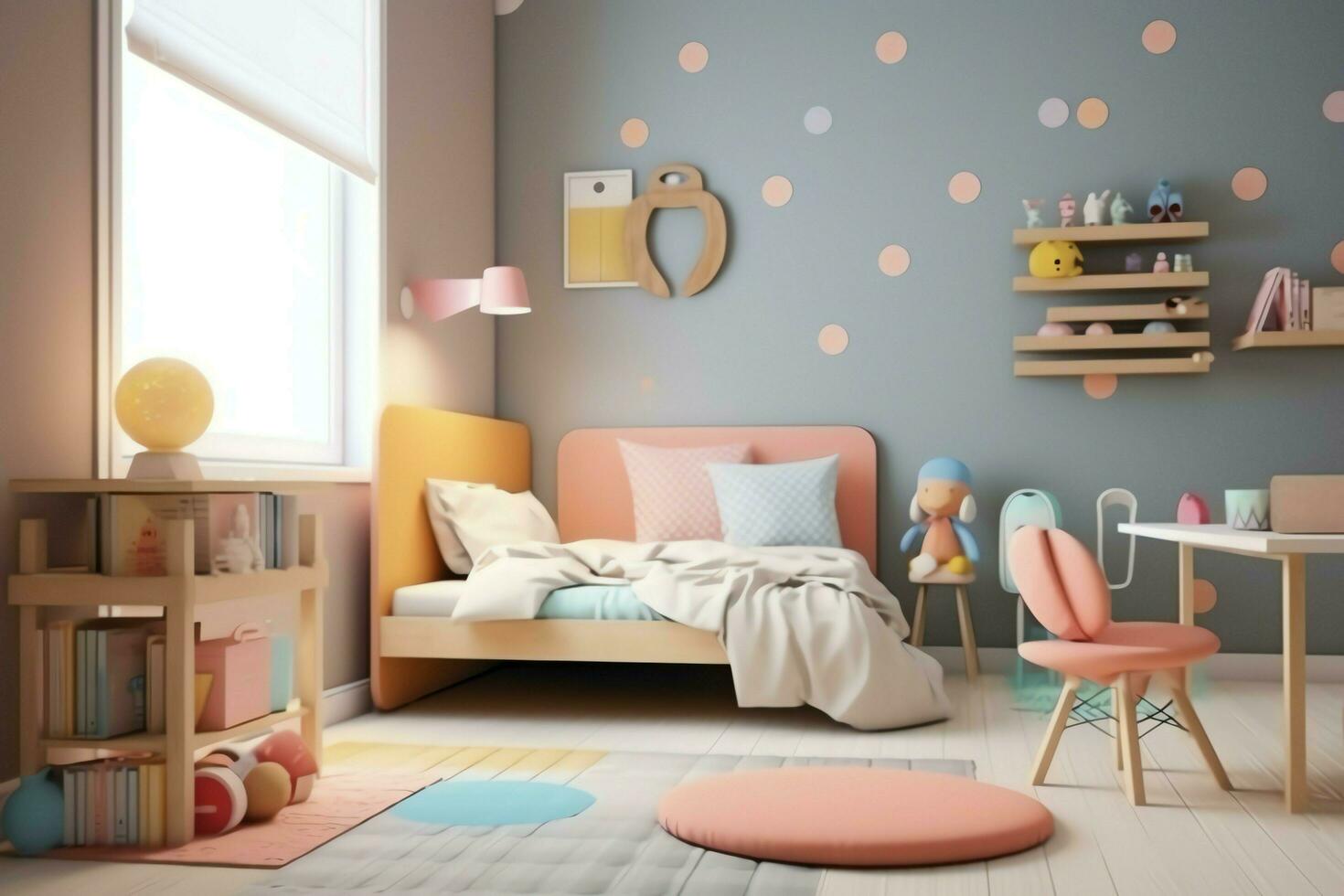 modern Kind Schlafzimmer Innere Design im Haus mit Dekoration Kinder. bunt Kinder Schlafzimmer Konzept durch ai generiert foto