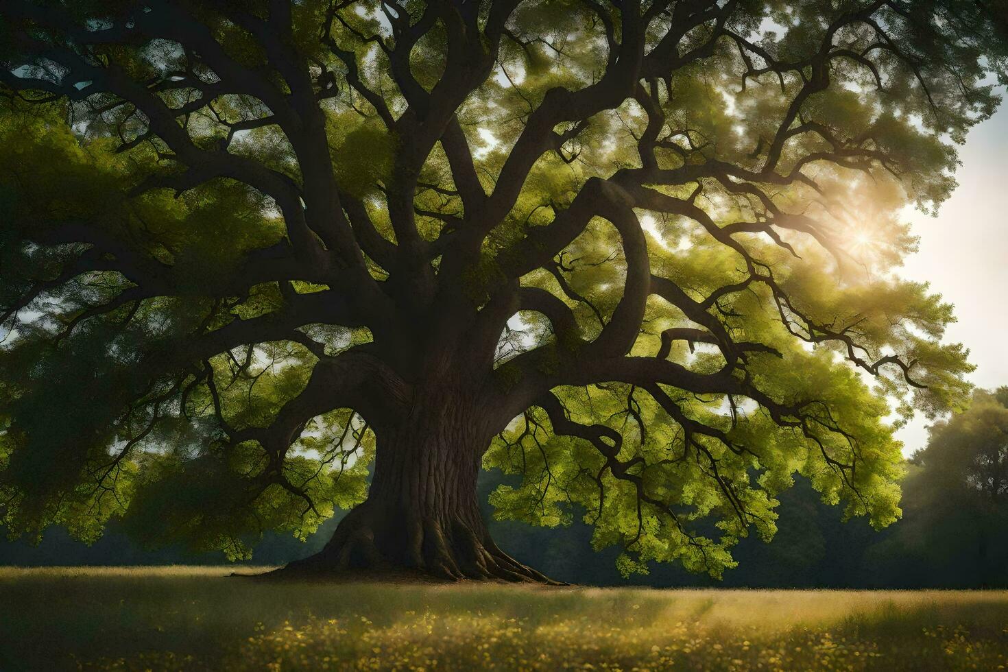 das Sonne scheint durch das Blätter von ein alt Eiche Baum. KI-generiert foto