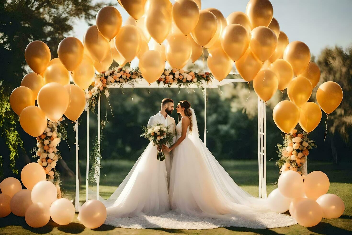 Hochzeit Paar unter ein golden Bogen mit Luftballons. KI-generiert foto