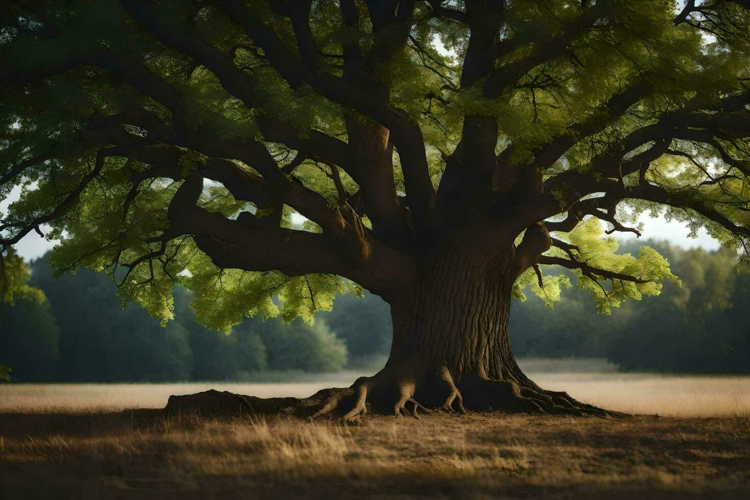 ein alt Eiche Baum im ein Feld. KI-generiert foto