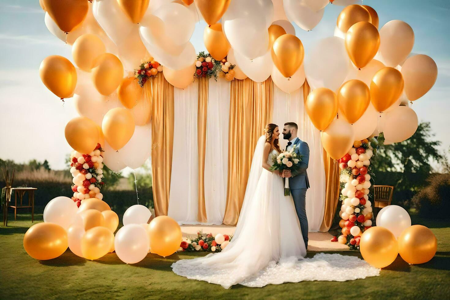 Hochzeit Paar im Vorderseite von ein golden und Weiß Hochzeit Bogen mit Luftballons. KI-generiert foto