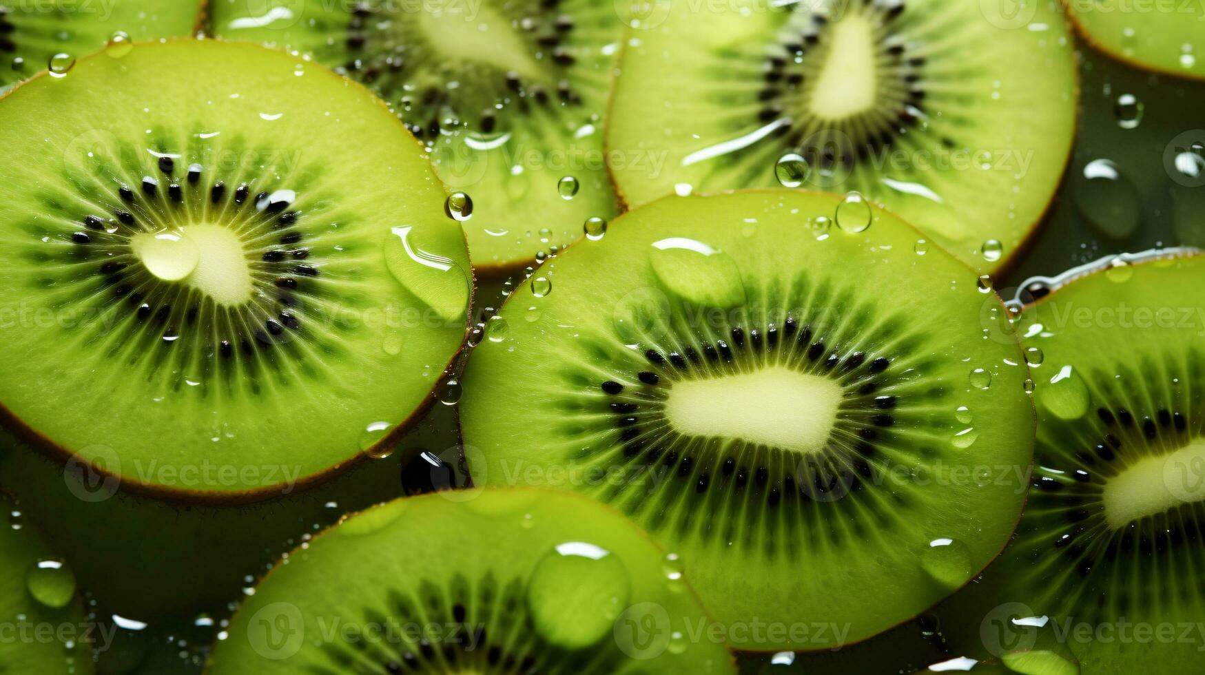 Kiwi Scheiben mit Wasser Hintergrund. schließen hoch, Wasser Tropfen. generativ ai foto