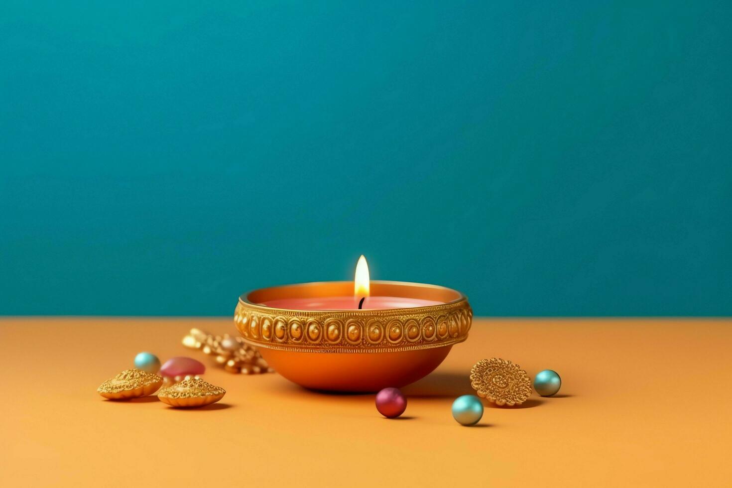 glücklich Diwali oder Deepavali traditionell indisch Festival mit Lehm Diya Öl Lampe. indisch Hindu Festival von Licht Symbol mit Kerze und Licht. Lehm Diya Lampe zündete während Diwali Feier durch ai generiert foto