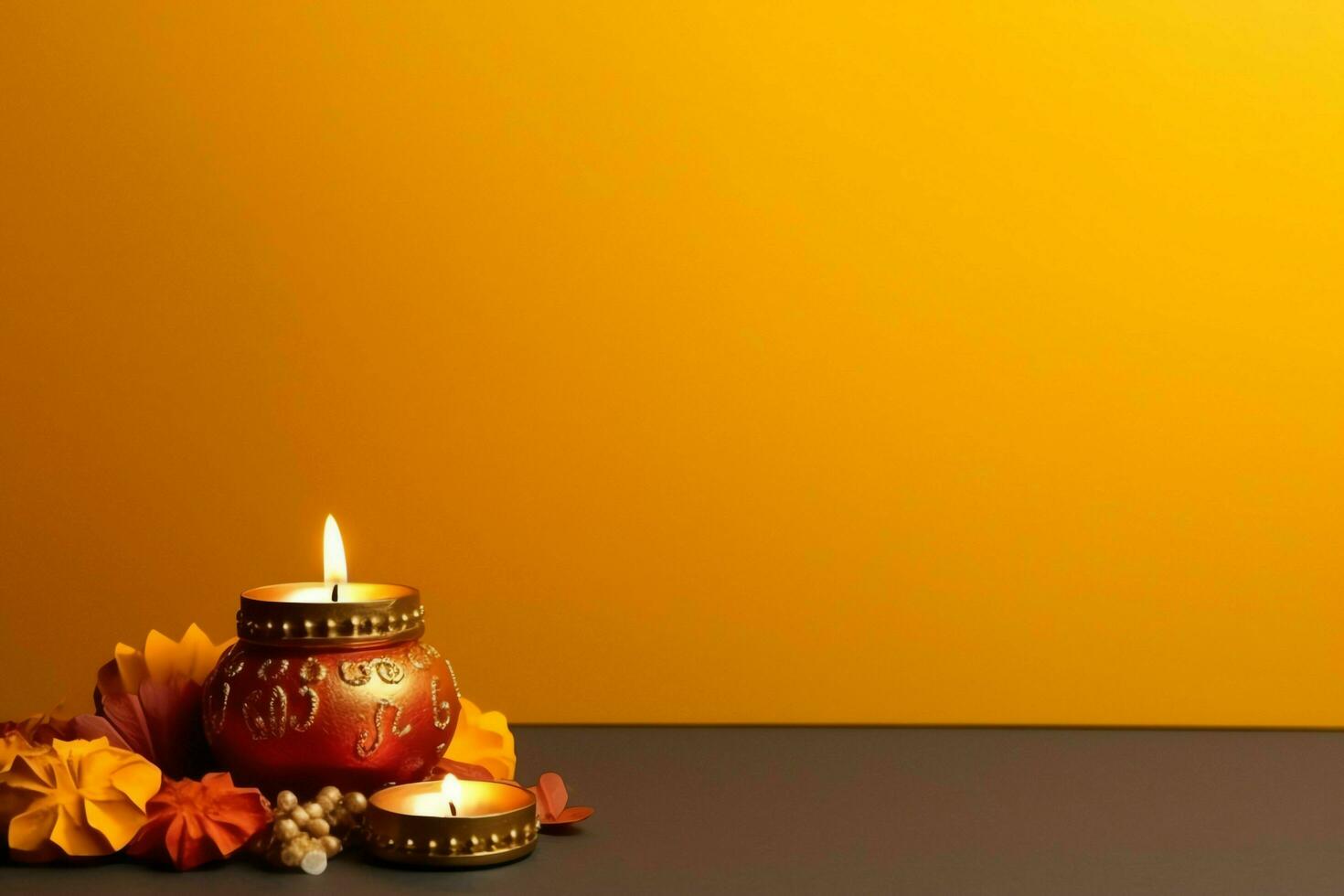 glücklich Diwali oder Deepavali traditionell indisch Festival mit Lehm Diya Öl Lampe. indisch Hindu Festival von Licht Symbol mit Kerze und Licht. Lehm Diya Lampe zündete während Diwali Feier durch ai generiert foto