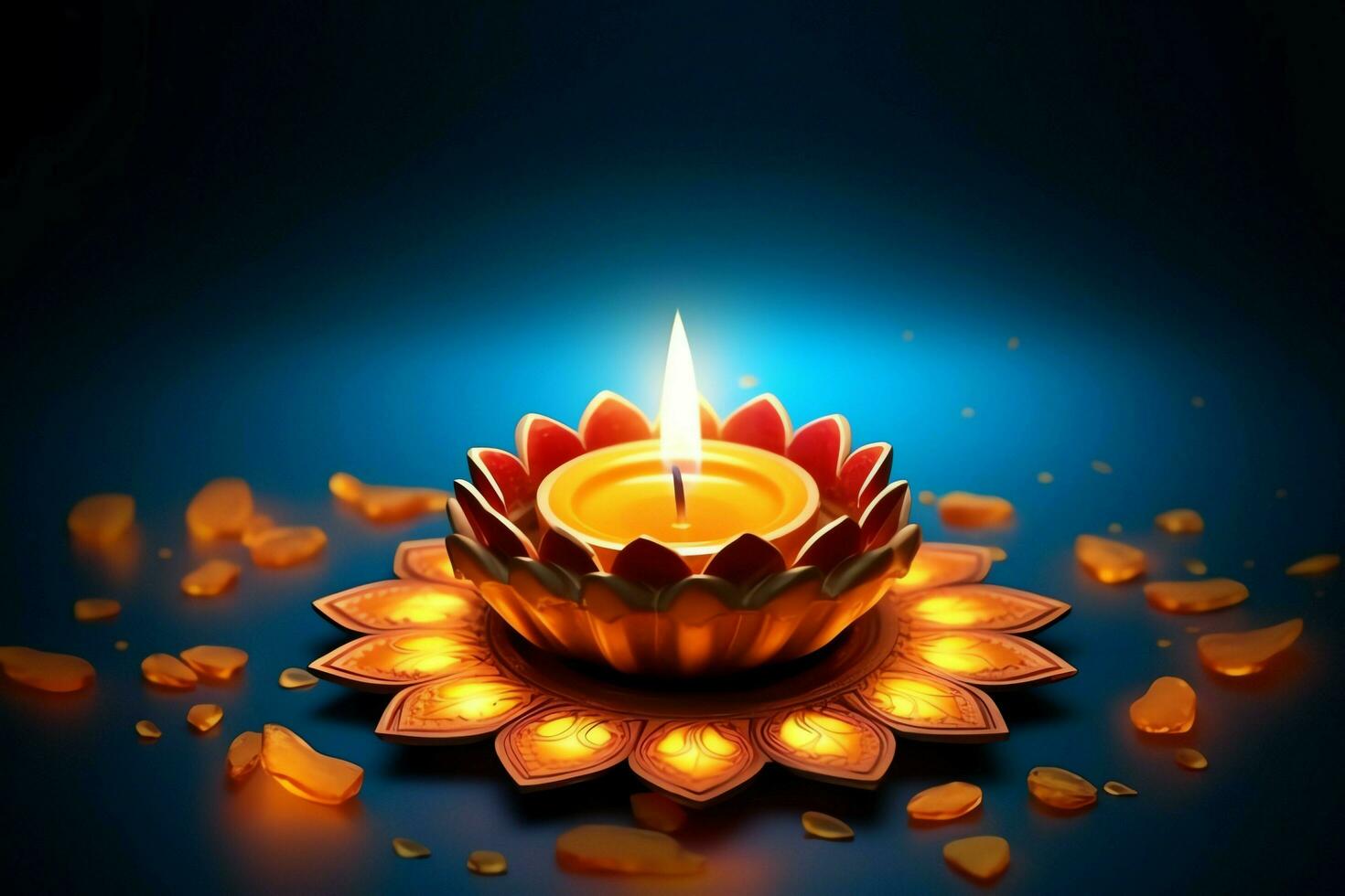 glücklich Diwali oder Deepavali traditionell indisch Festival mit Lehm Diya Öl Lampe. indisch Hindu Festival von Licht Symbol mit Kerze und Licht. Lehm Diya Lampe zündete während Diwali Feier durch ai generiert foto