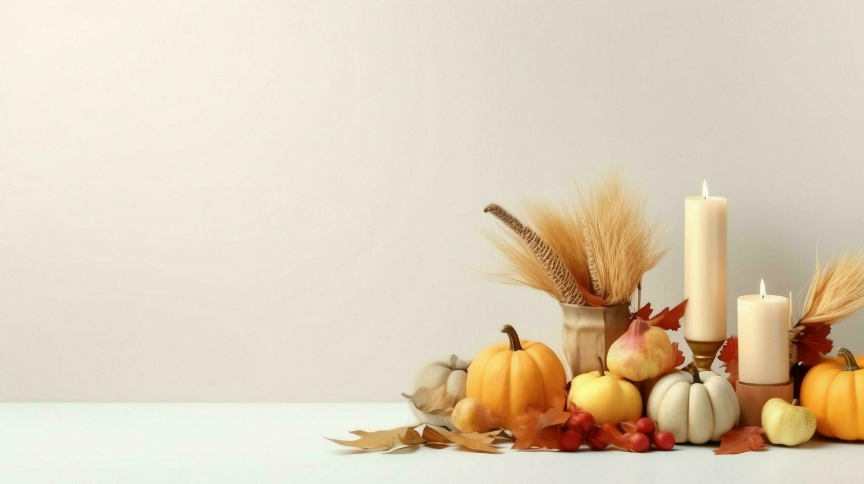 das Erntedankfest Tag oder Herbst Komposition mit Kürbis, Orangen, Blätter oder Hähnchen. das Erntedankfest Essen Konzept durch ai generiert foto