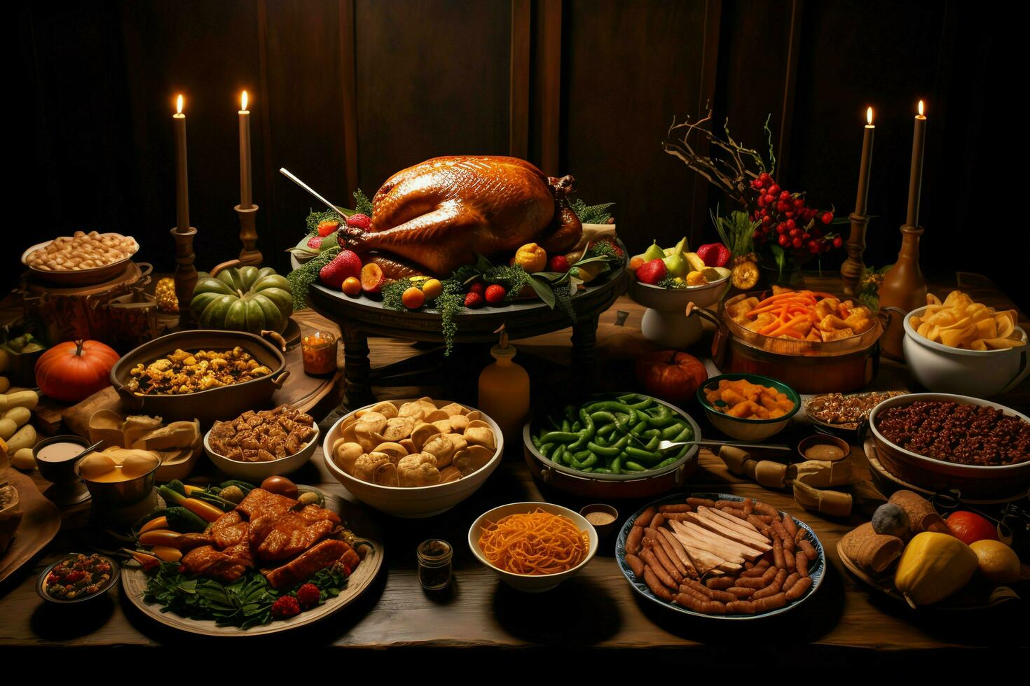 das Erntedankfest Tag oder Herbst Komposition mit Kürbis, Orangen, Blätter oder Hähnchen. das Erntedankfest Essen Konzept durch ai generiert foto