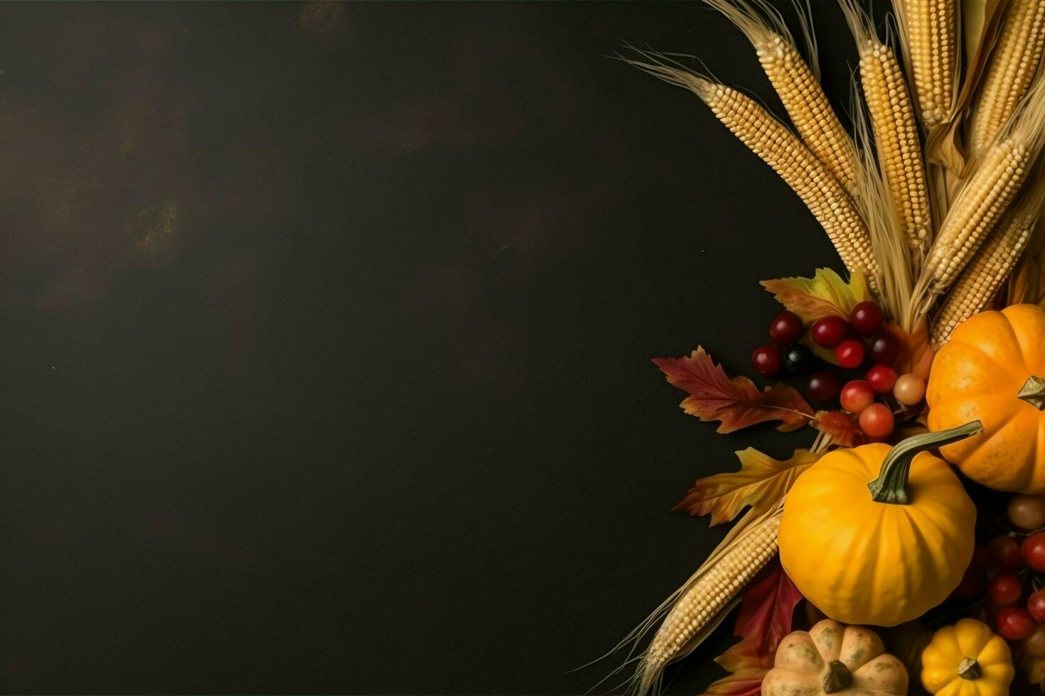 das Erntedankfest Tag oder Herbst Komposition mit Kürbis, Orangen, Blätter oder Hähnchen. das Erntedankfest Essen Konzept durch ai generiert foto