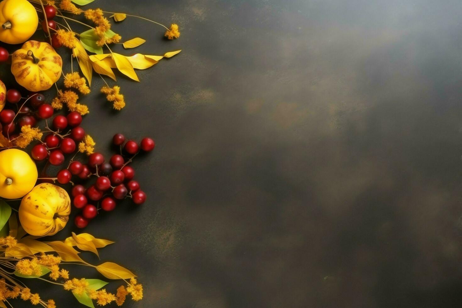 das Erntedankfest Tag oder Herbst Komposition mit Kürbis, Orangen, Blätter oder Hähnchen. das Erntedankfest Essen Konzept durch ai generiert foto