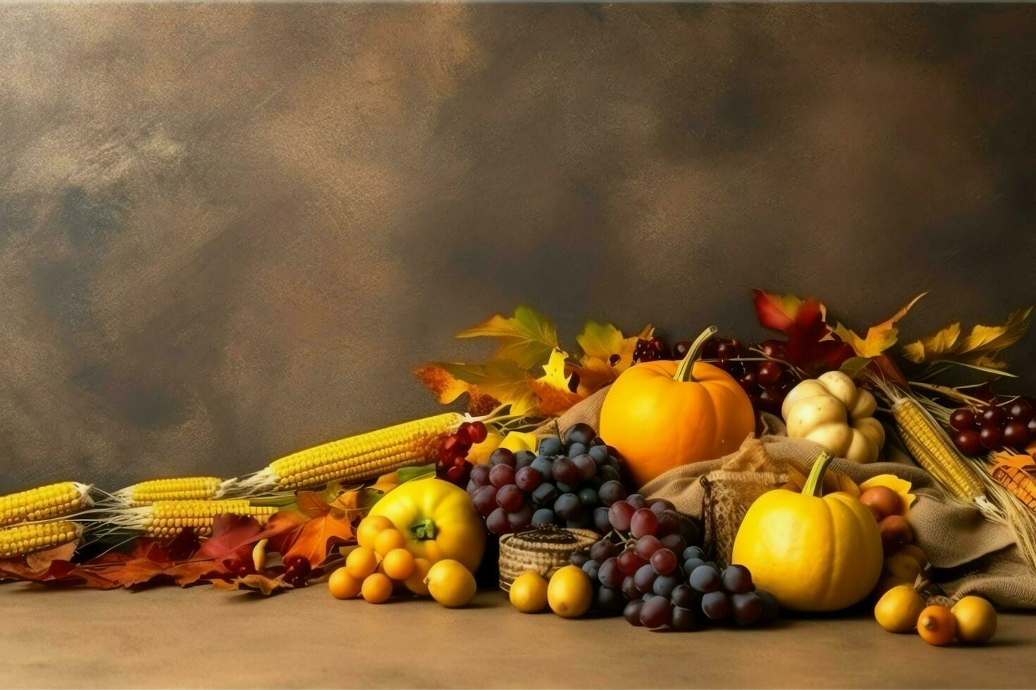 das Erntedankfest Tag oder Herbst Komposition mit Kürbis, Orangen, Blätter oder Hähnchen. das Erntedankfest Essen Konzept durch ai generiert foto