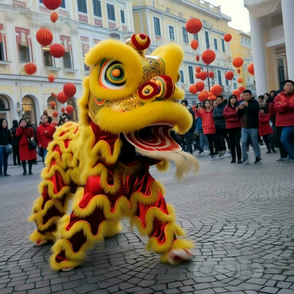 Drachen oder Löwe tanzen Show Barongsai im Feier Chinesisch Mond- Neu Jahr Festival. asiatisch traditionell Konzept durch ai generiert foto