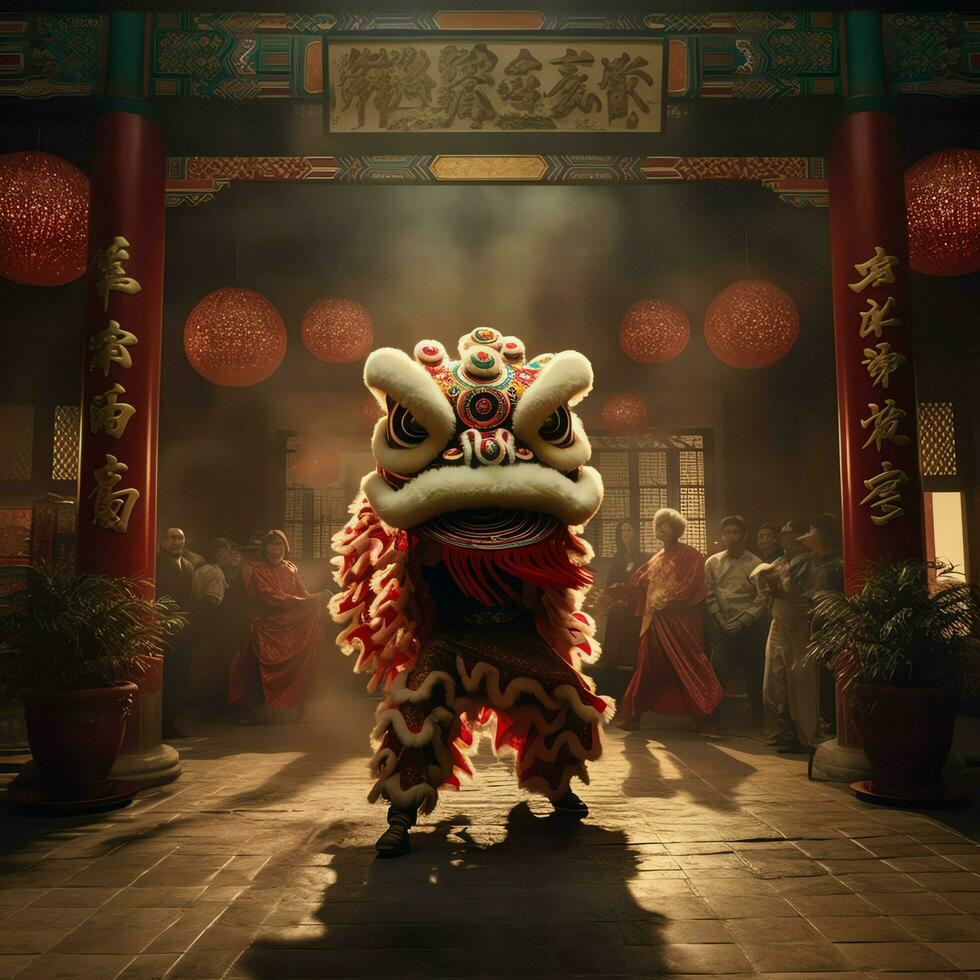 Drachen oder Löwe tanzen Show Barongsai im Feier Chinesisch Mond- Neu Jahr Festival. asiatisch traditionell Konzept durch ai generiert foto