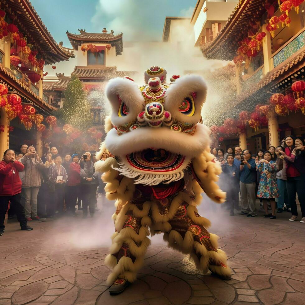 Drachen oder Löwe tanzen Show Barongsai im Feier Chinesisch Mond- Neu Jahr Festival. asiatisch traditionell Konzept durch ai generiert foto