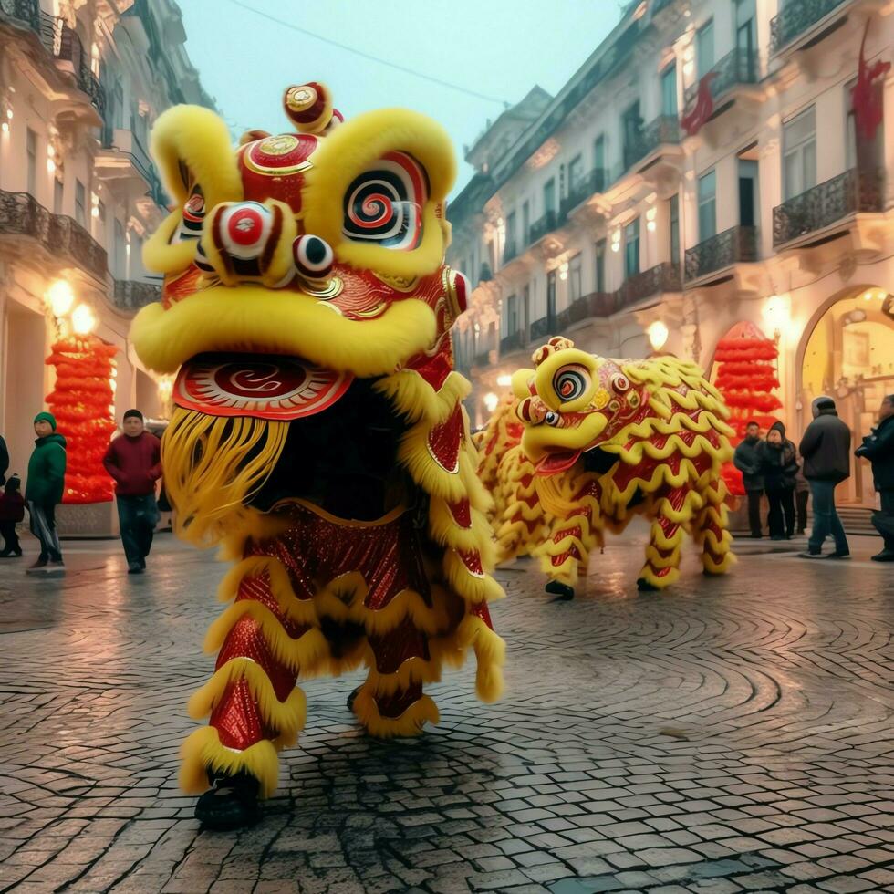 Drachen oder Löwe tanzen Show Barongsai im Feier Chinesisch Mond- Neu Jahr Festival. asiatisch traditionell Konzept durch ai generiert foto