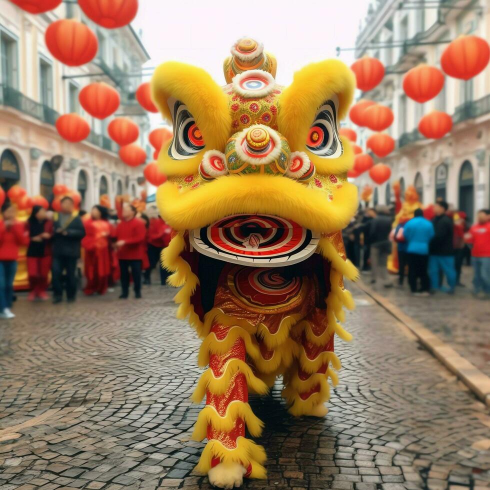 Drachen oder Löwe tanzen Show Barongsai im Feier Chinesisch Mond- Neu Jahr Festival. asiatisch traditionell Konzept durch ai generiert foto