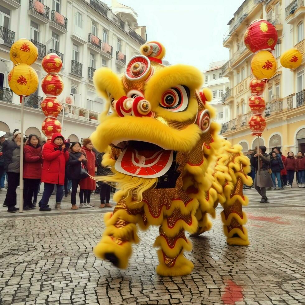 Drachen oder Löwe tanzen Show Barongsai im Feier Chinesisch Mond- Neu Jahr Festival. asiatisch traditionell Konzept durch ai generiert foto