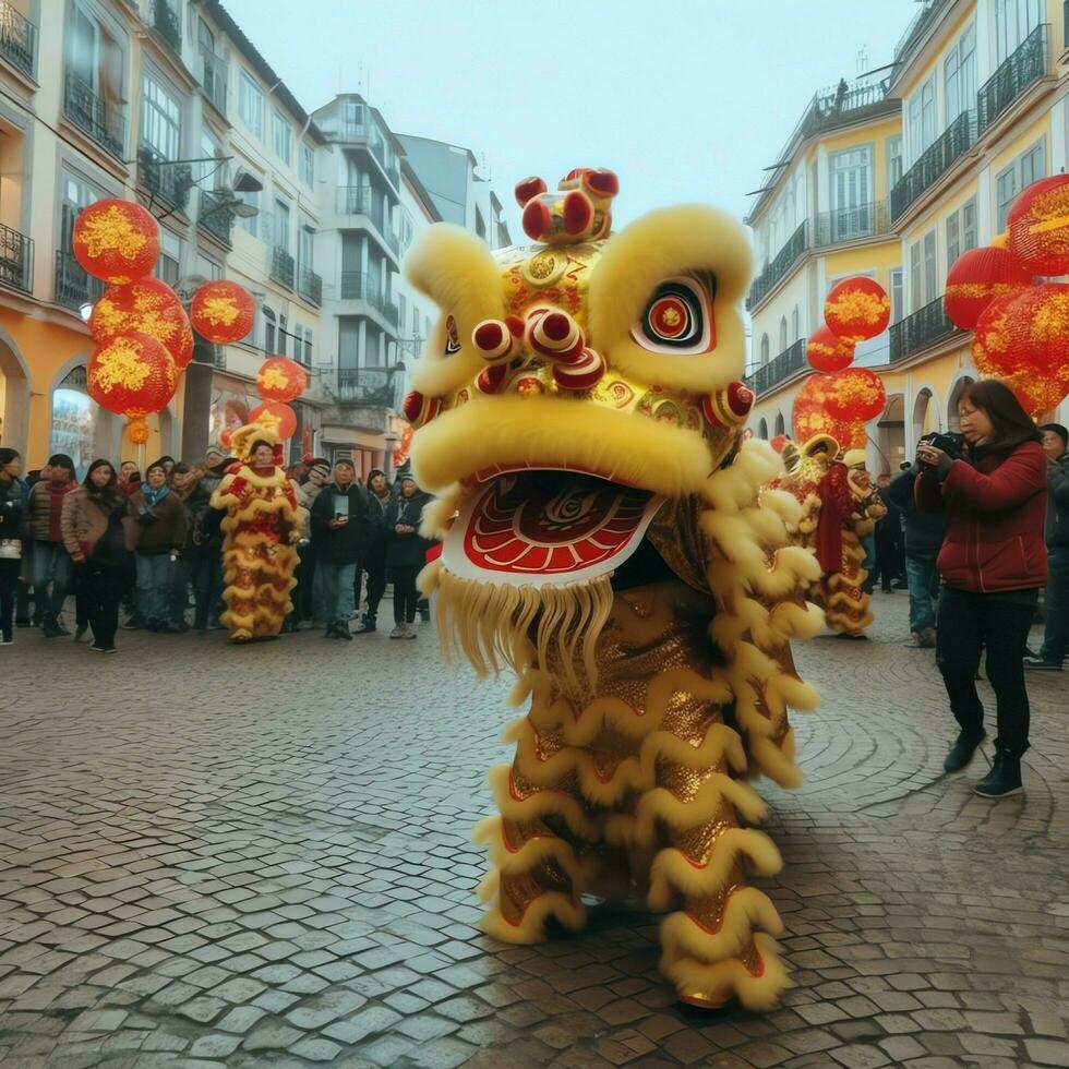 Drachen oder Löwe tanzen Show Barongsai im Feier Chinesisch Mond- Neu Jahr Festival. asiatisch traditionell Konzept durch ai generiert foto