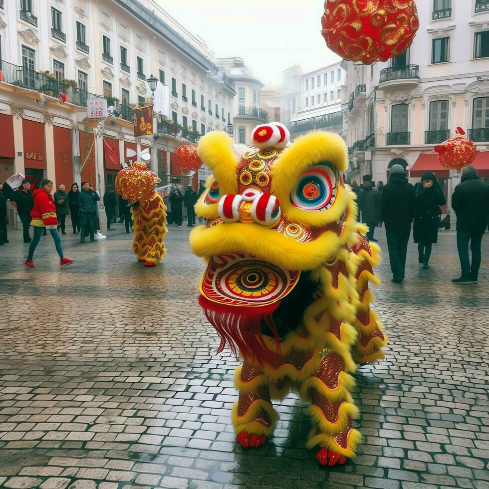 Drachen oder Löwe tanzen Show Barongsai im Feier Chinesisch Mond- Neu Jahr Festival. asiatisch traditionell Konzept durch ai generiert foto