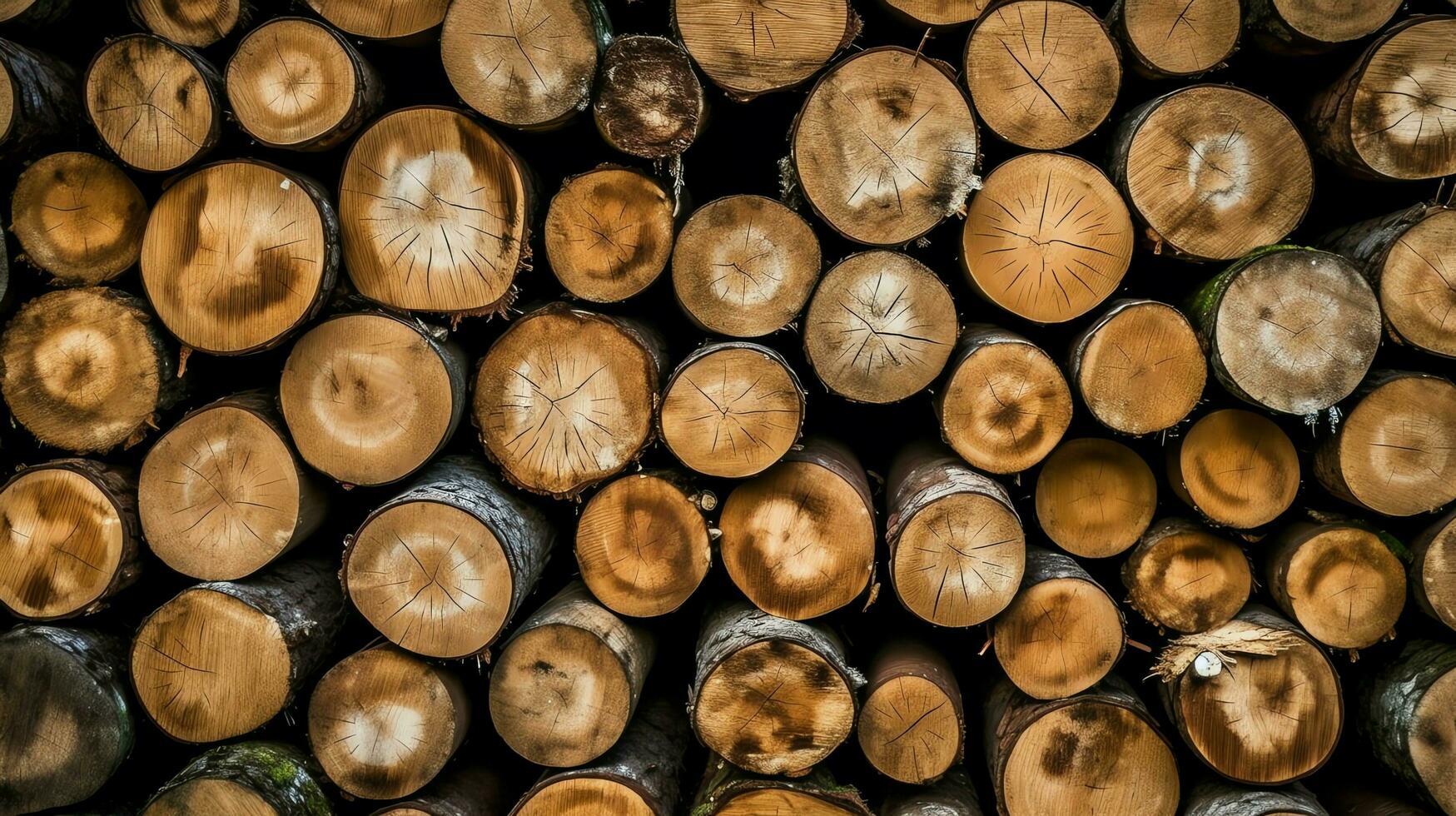 ein groß kreisförmig Stück von Holz, hölzern Kofferraum oder gestapelt Baum Holz zum Möbel Industrie. hölzern Log Konzept durch ai generiert foto