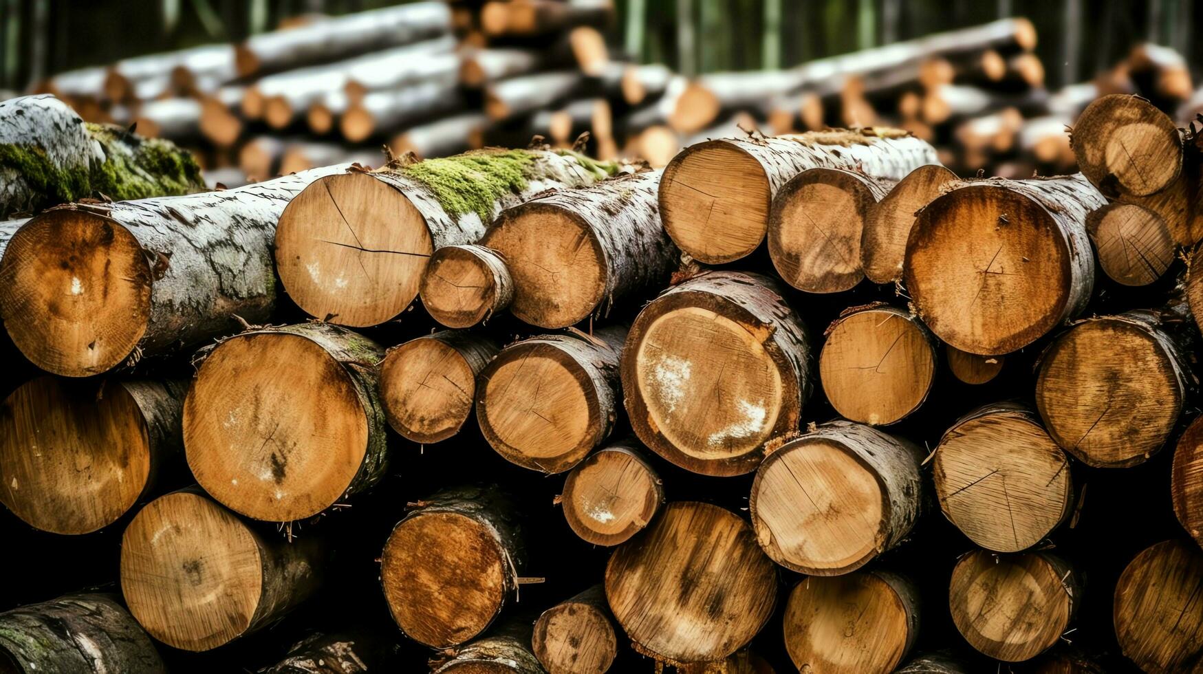 ein groß kreisförmig Stück von Holz, hölzern Kofferraum oder gestapelt Baum Holz zum Möbel Industrie. hölzern Log Konzept durch ai generiert foto